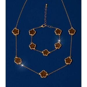 18K Gold plated 5 Petals Brown Necklace SET Stainless Steel Womens Jewelry